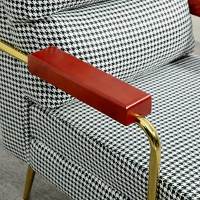 HOMCOM Retró dizájnú karosszék, kiegészítő szék, tyúklábminta, fa elemek, rugós mag, fekete-fehér