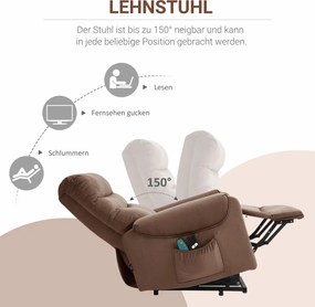 HOMCOM Masszázsfotel, elektromos relaxfotel emelőrásegítéssel, távirányítóval és oldalsó zsebbel, szövet, barna