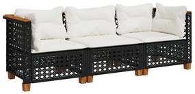 Fekete 3 személyes polyrattan kerti kanapé párnákkal