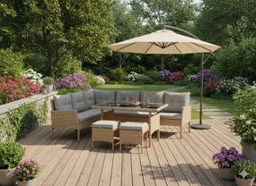 „BERNO” RATTAN BÚTOR SZETT (SAROKKANAPÉ + 2 PUFF + ASZTAL) BÉZS SZÍNBEN, SZÜRKE PÁRNÁKKAL