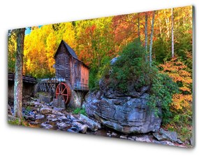 Üvegfotó Vízimalom Autumn Forest 125x50 cm