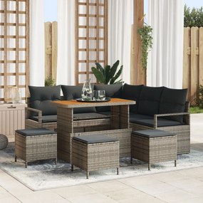 8 részes kerti kanapé szett párnákkal, szürke poly rattan akáciából, 2 fős kerti kanapé párnákkal, szürke poly rattan, 3 részes kerti étkező szett párnákkal, szürke poly rattan akáciából