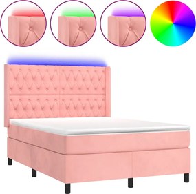 vidaXL rózsaszín bársony rugós és LED-es ágy matraccal 140x190 cm
