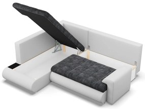 Tokio sarokkanapé, L alakú háttámlával, 2 ágyneműtartóval, fonott + műbőr, baloldali, sötétszürke - fehér