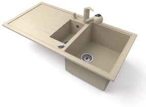 Gránit mosogató - Nero Solarys + kihúzható zuhanyfejes Shower csaptelep + dugókiemelő (bézs)