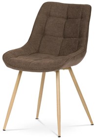 Scaun de dining, tapițat cu material textil maro, picioare metalice, decor stejar 3D.