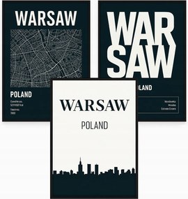 3 db-os poszter szett Varsó Térkép Panoráma Fekete-Fehér Modern Keretekkel