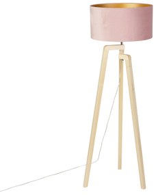 Állólámpa háromlábú fa vörös rózsaszín bársony árnyékolóval 50 cm - Puros
