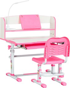 HOMCOM Magasságállítható Gyermek Íróasztal és Szék Szett 6-12 Éveseknek, Iskolai Pad 45°-ban Dönthető Asztallal, Lámpával, Fiókkal, Polccal, Tolltartó