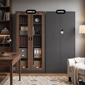 Fém szekrény vitrinnel, antracit, dió, 900x1850x400 mm: AMELIA Eco Design