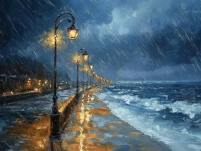 Vászonkép Canvas Tenger Tengerpart Sétány Eső Vihar Hullámok Éjszaka 100x75