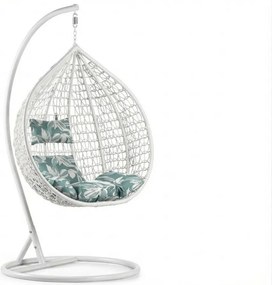 Fehér függő szék KOKON állvánnyal, zöld-fehér párnával