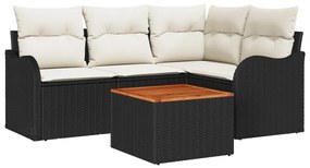 5 Darabos Kerti Sofa Készlet Párnákkal Fekete Poli Rattan Akác, 2-Fős Kerti Sofa Tárolóval&amp;Párnákkal Fekete Poli Rattan