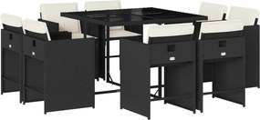 vidaXL 9 részes fekete polyrattan kerti étkezőgarnitúra párnákkal