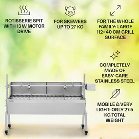 Sauenland Pro, malacsütő grill, forgó nyárs, 13 W, 4 kerék, rozsdamentes acél