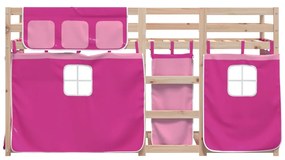 vidaXL rózsaszín tömör fenyőfa emeletes ágy függönyökkel 90 x 190 cm