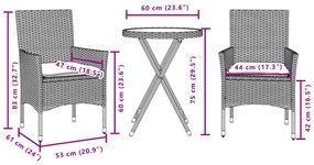 vidaXL 3 részes fekete polyrattan/üveg bisztrógarnitúra párnával
