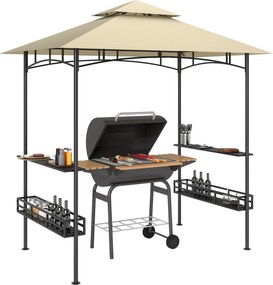 Outsunny Grill Pavilon 240 x 150 x 257 cm Vízálló Tűzálló Kertipavilon Két Rétegű Tetővel, Oldalsó Polcokkal, UV Védelemmel Ellátott Kerti Napernyő, A