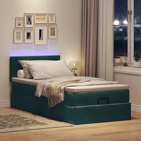 sötétzöld bársony ottomán ágy matraccal &amp; LED-ek 90x200 cm