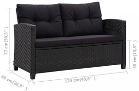 fekete polyrattan kétszemélyes kerti kanapé párnákkal 124 cm