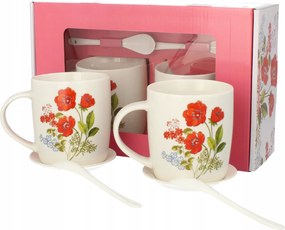 Szett 2 x Porcelán Bögre 340 ml Kávés Csésze Alátéttel és Kanállal Mák Virág Mintás