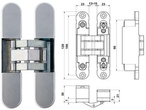 Otlav pánt rejtett IN230 3D 23x120mm horg.