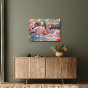 Üveg kép - Flamingó a tóban (70x50 cm)