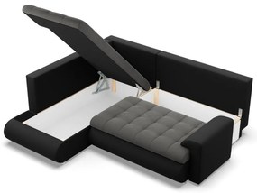 Tokio sarokkanapé, L alakú háttámlával, 2 ágyneműtartóval, bársony + műbőr, baloldali, szürke - fekete