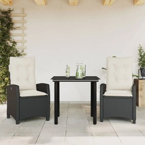 3 részes fekete polyrattan kerti étkezőgarnitúra párnákkal