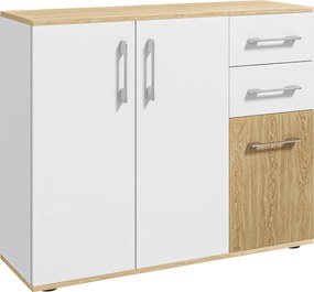 HOMCOM Modern Nappali Vitrin Konyhai Oldalszekrény 2 Fiokkal, 2 Szekrénnyel és Állítható Polccal | 90x30x75.5 cm Fehér és Natúr | Aosom