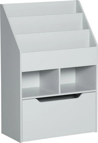HOMCOM Gyermek Fa Polc 3 Rekesszel, 2 Kockával és Mobil Fiókkal 4 Kereken, Gyerek Könyvespolc Gyerekszobába és Játszószobába, 60x29,9x90 cm Szürke | A