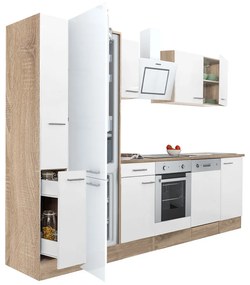 Yorki 310 konyhablokk sonoma tölgy korpusz,selyemfényű fehér front alsó sütős elemmel alulfagyasztós hűtős szekrénnyel
