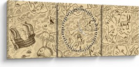Kép - Vintage térkép, illusztrációk (órával) (90x30 cm)