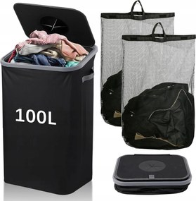 Nagy Kosár Keskeny 100L Játék- És Szennyestartó Fedéllel, Kivehető Táskával, Fekete