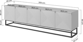 Asha RTV szekrény 200 cm - ryflowott előlap / fekete fém lábak, artisan / fekete matt