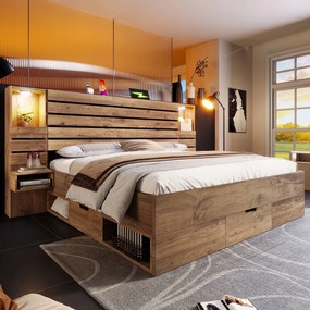 Franciaágy fa ágy Usb éjjeliszekrény fiókokkal 160X200 tölgy