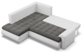 Tokio sarokkanapé, L alakú háttámlával, 2 ágyneműtartóval, bársony + műbőr, baloldali, szürke - fehér