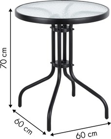 Kerti asztal, MultiGarden SC-070, fekete, kerek, átmérő: 60 cm, magasság: 70 cm, edzett üveglap, porszórt acél váz, teherbírás: 60 kg