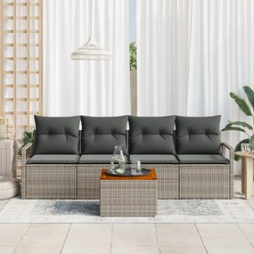 5 részes Kerti Kanapé Készlet párnákkal, Szürke Poli Rattan Akáciával, 2 személyes kerti kanapé párnákkal, Szürke Poli Rattan