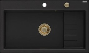 Mexen Omar 1-komponensű gránit mosogató 800 x 480 mm, fekete, arany szifon - 6520801005-77-G