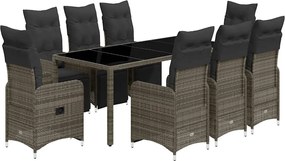 vidaXL 9 részes szürke polyrattan kerti bisztrógarnitúra párnákkal