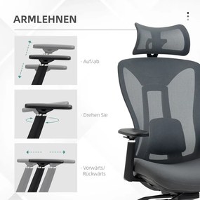 Vinsetto Ergonomikus irodai szék, 135-os dőlésszög, állítható magasság 3D, szürke