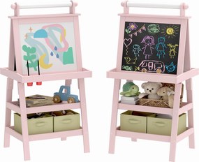 AIYAPLAY Gyermekrajzoló Állvány 3 az 1-ben, Kétoldalas Mágneses Gyermek Fekete Tábla Festő Állvány Papírtekercssel és Tároló Kosarak 59x48x118 cm Rózs