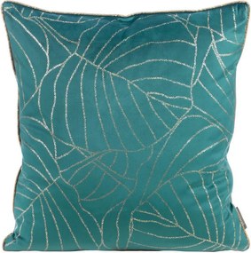 Dekoratív párnahuzat 45x45 türkiz arany levélmintával, velúr