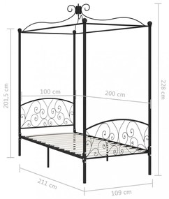 fekete fém baldachinos ágykeret 100 x 200 cm
