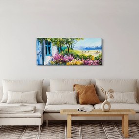 Kép a ház előtti kertről, olajfestmény (120x50 cm)