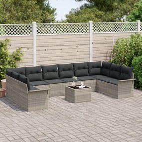 11 részes Kerti Kanapé Készlet Párnákkal Szürke Poli Rattan, 2-Fős Kerti Kanapé Tárolóval és Párnákkal Világosszürke Poli Rattan