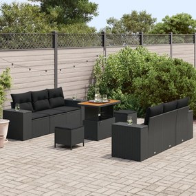 9 Darabos Kert Kanapé Szett Párnákkal Fekete Poli Rattan Akáccal, 3 Darabos Kert Étkező Szett Párnákkal Fekete Poli Rattan Akáccal