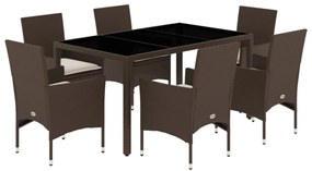 7 részes barna polyrattan/üveg kerti étkezőgarnitúra párnákkal
