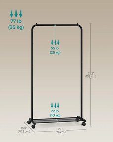 SONGMICS Görgethető Acél Ruhatartó Állvány, PATAYE, 74 cm, Fekete